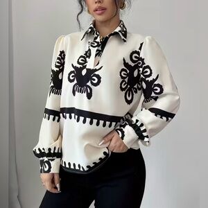 NWOT Elegant Women’s Black & White Floral Long Sleeves Blouse Large No Stretch